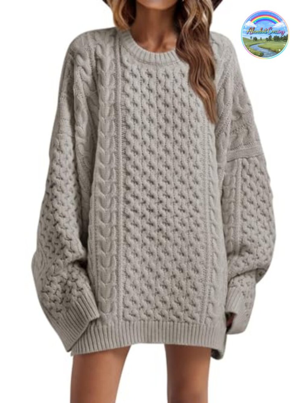 Oversized Chunky Cable Knit Tunic Sweater Crewneck Long Sleeve Women's